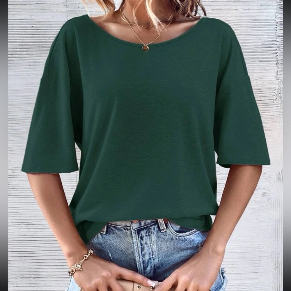 Classic Loose Fit Cut Out Back Batwing Sleeve Tee T Shirt Top Blouse Green - Picture 3 of 6
